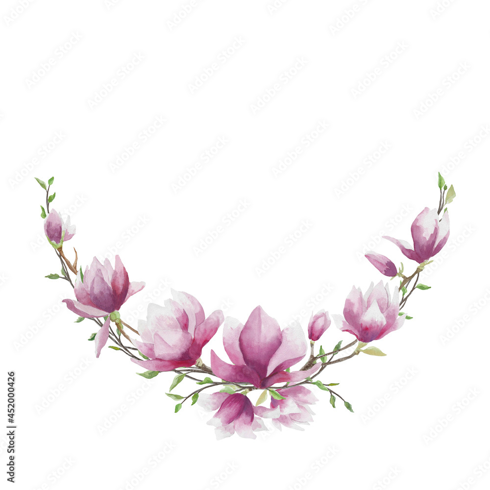 Magnolia flowers blossom. Watercolor floral wreath. Botanical illustration spring frame