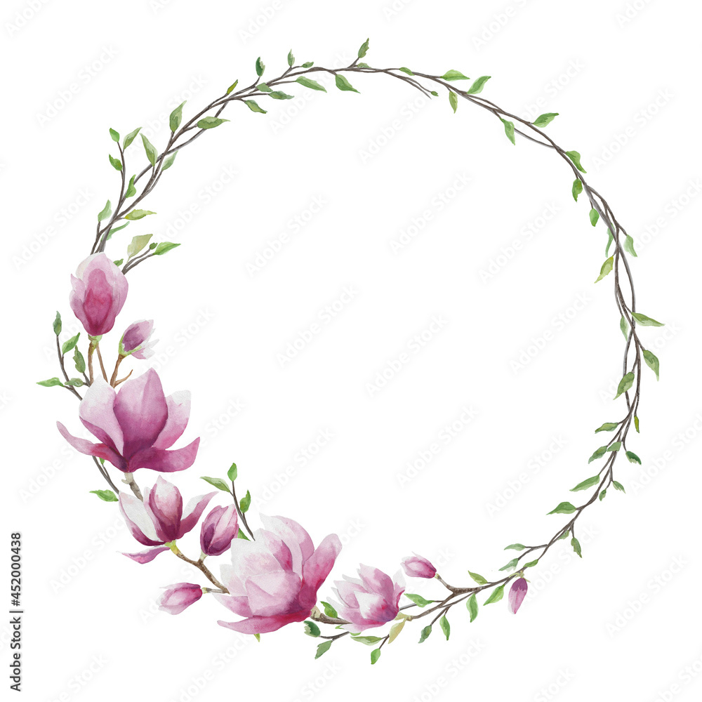Magnolia flowers green branch wreath. Spring watercolor illustration. Botanical floral frame
