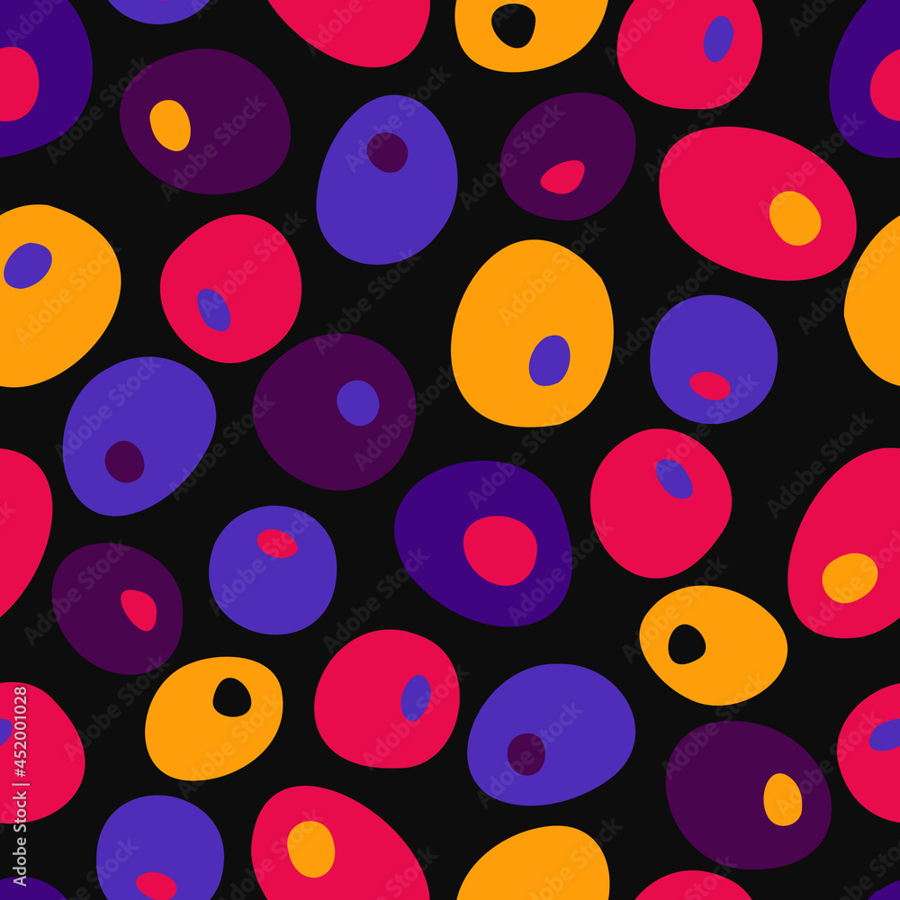 Psychodelic bright coloured hand drawn random circles and ovals. Seamless pattern. Vector background. Psychodelic bright coloured hand drawn random circles and ovals. Seamless pattern. Vector background.