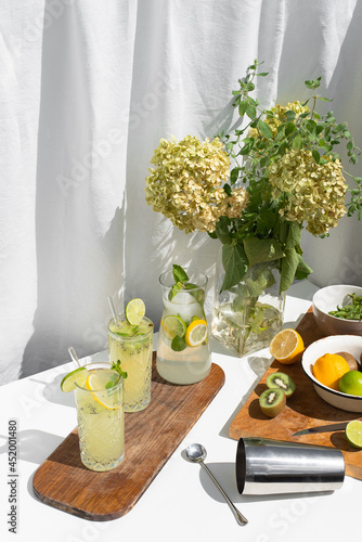 Photo of refreshing summer lemonade cocktail in glass on a wooden tray with fresh citrus lime lemon and green mint outdoors with white background
