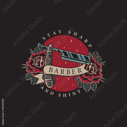 Illustration of straight razor barber shop and roses with traditional tattoo style