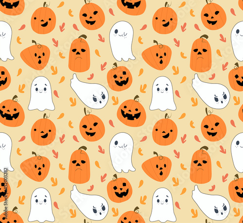 Seamless pattern with pumpkin and ghost in cartoon style. Perfect for halloween night