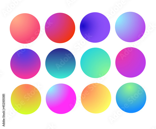 Rounded holographic gradient sphere. Multicolor green purple yellow orange pink cyan fluid circle gradients  colorful soft round buttons or vivid color spheres flat set.