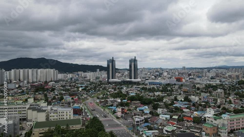 Aerial wide view of Daejeon city skyline and skyscrapers in South Korea photo