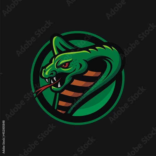 Green cobra snake mascot in circle.