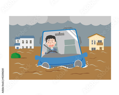 沈んでいく車と焦る男性のイラスト