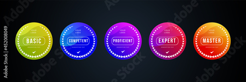 certified skill level for business, game, competition, in colorful rounded. vector gaming badge, emblem, icon template.