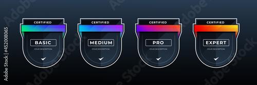 certified shield badge for professional business in colorful shape. vector game certification icon template. photo