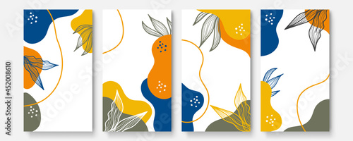 Social media story templates. For personal and business accounts. Floral wave geometric background instagram post template with leaves, lines, blobs elements