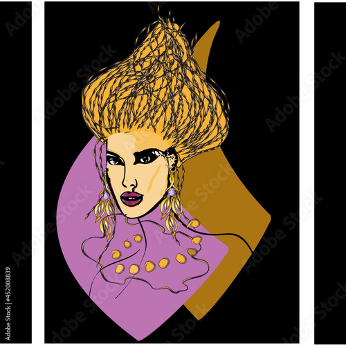 Model with updo hairstyles and with long gold earrings, Modern, trendy, art