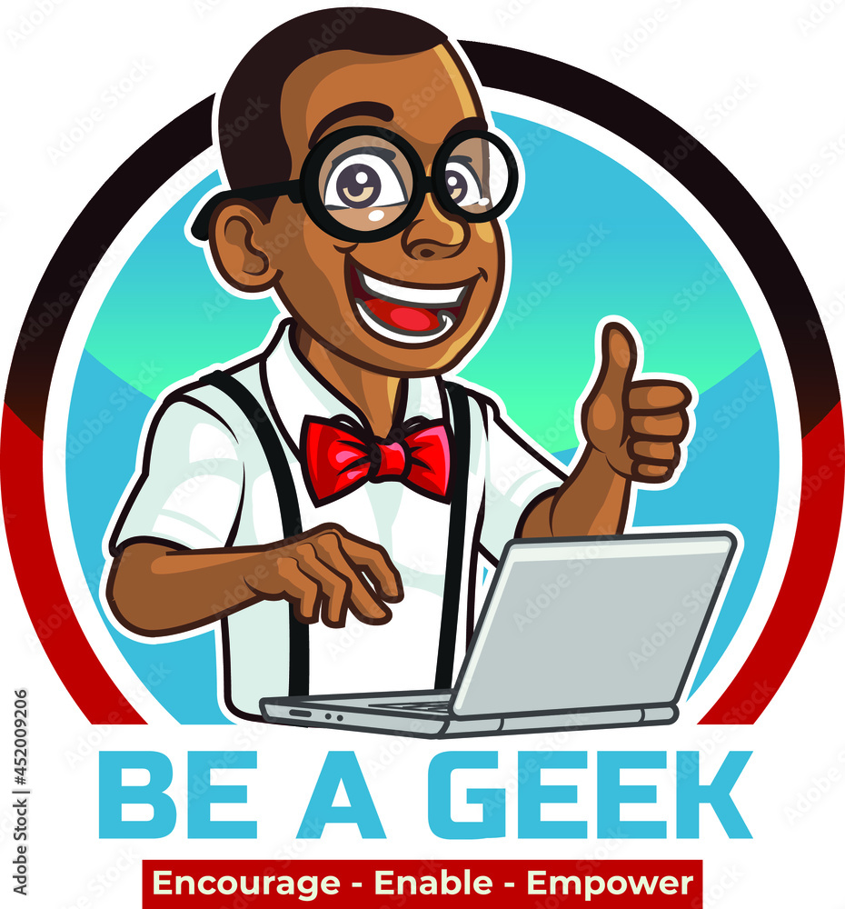 Young Black Boy Computer Geek Wearing Glasses Cartoon Mascot Logo