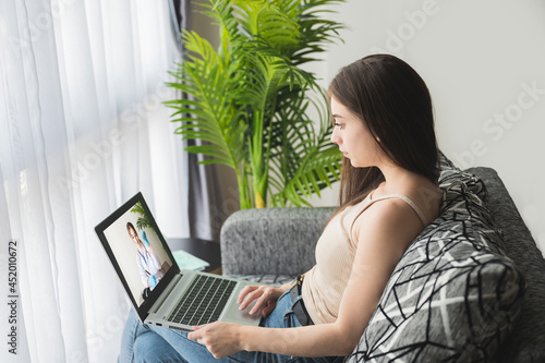 Female patient talking with doctor. Doctor telemedicine service online video for virtual patient health medical chat . Remote doctor healthcare consultant.