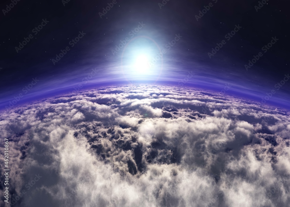 Venus from low orbit during sunrise, clouds from orbit, 3d rendering Venus from low orbit during sunrise, clouds from orbit, 3d rendering