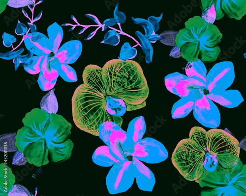 Colorful Botanical Backdrop. Yellow Orchid Background. Indigo Hibiscus Jungle. Flower Leaves. Watercolor Wallpaper. Seamless Illustration. Pattern Foliage. Art Textile.