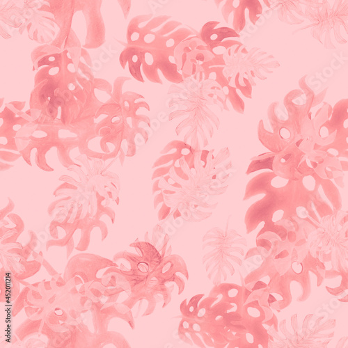 Fuchsia Monstera Decor. Pink Seamless Foliage. Coral Tropical Garden. Pattern Garden. Watercolor Plant. Floral Palm. Summer Design. Isolated Backdrop.