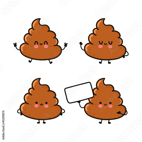 Funny cute happy turd characters bundle set. Vector kawaii line cartoon style illustration. Cute turd mascot character collection
