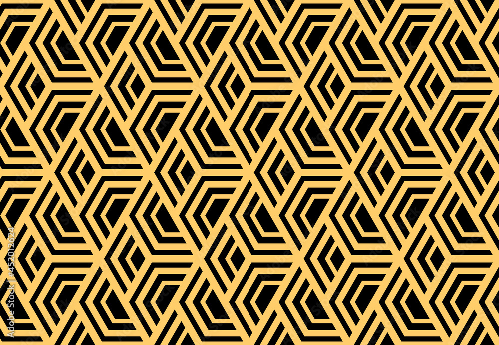 Abstract geometric pattern with stripes, lines. Seamless vector background. Gold and black ornament. Simple lattice graphic design Abstract geometric pattern with stripes, lines. Seamless vector background. Gold and black ornament. Simple lattice graphic design