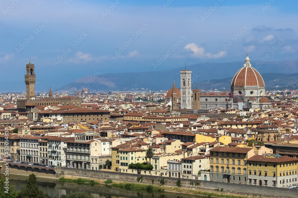 View of the historic city of Florence, Italy with the imposing Cathedral of Santa Maria del Fiore
