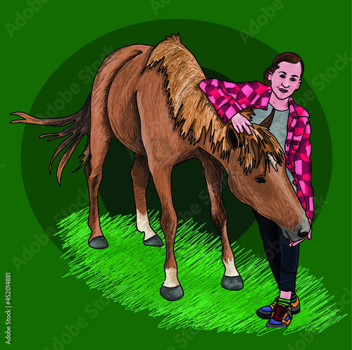 Vector colored illustration: happy girl and her horse are having good times together