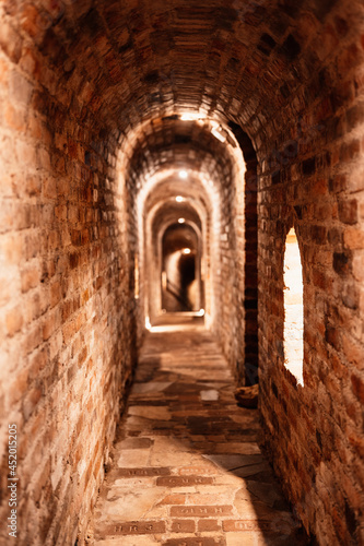 Old wine bottles dusting in an underground tratitional cellar. Small and old wine cellar with full wine bottles. Winery concept. Valtice Castle in South Moravia, Czech Republic, Europe photo