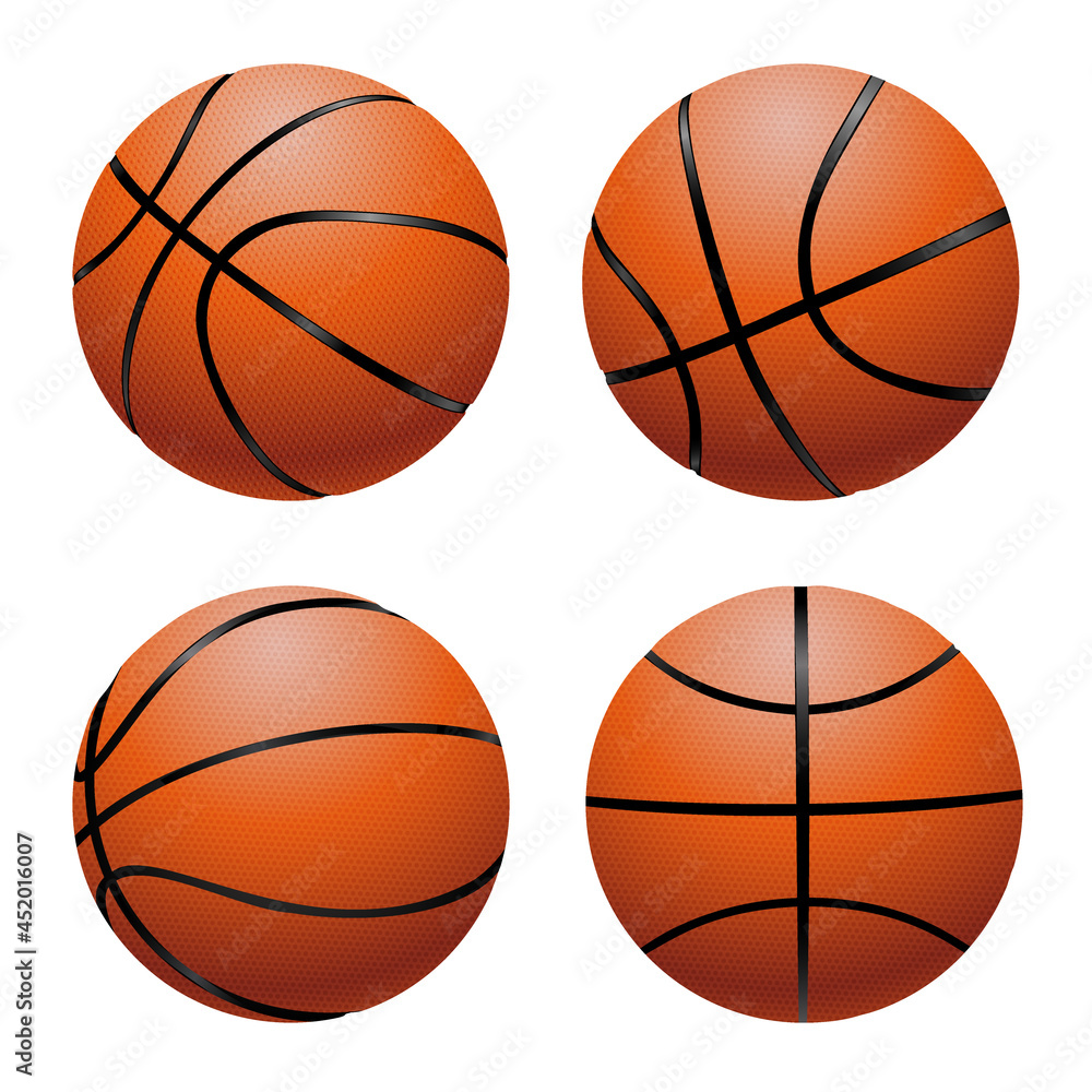 Vector realistic basketball balls in different views. Sport equipment with texture and shadow EPS10