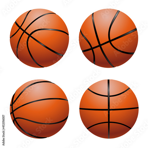 Vector realistic basketball balls in different views. Sport equipment with texture and shadow EPS10