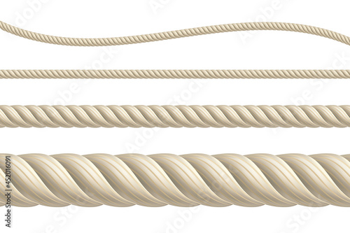Vector ropes illustration EPS10. Isolated realistic brown ropes set. Thick, thin, straight and wavy cord