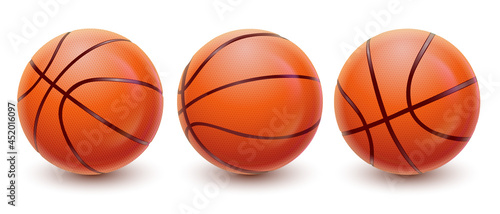 Vector realistic basketball balls in different views. Sport equipment with texture and shadow EPS10