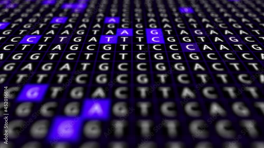 Loopable: Genetic mapping DNA sequence analysis 3D abstract background with randomly changing DNA components. Big genomic data analysis concept. Loopable: Genetic mapping DNA sequence analysis 3D abstract background with randomly changing DNA components. Big genomic data analysis concept.