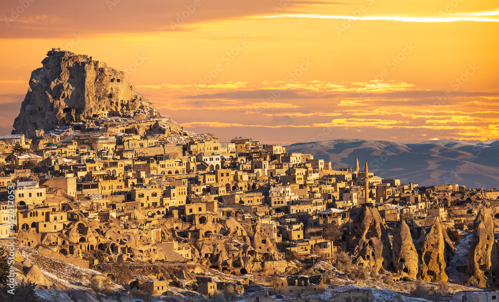 Town of Uchisar at the sunrise, Cappadocia, Turkey