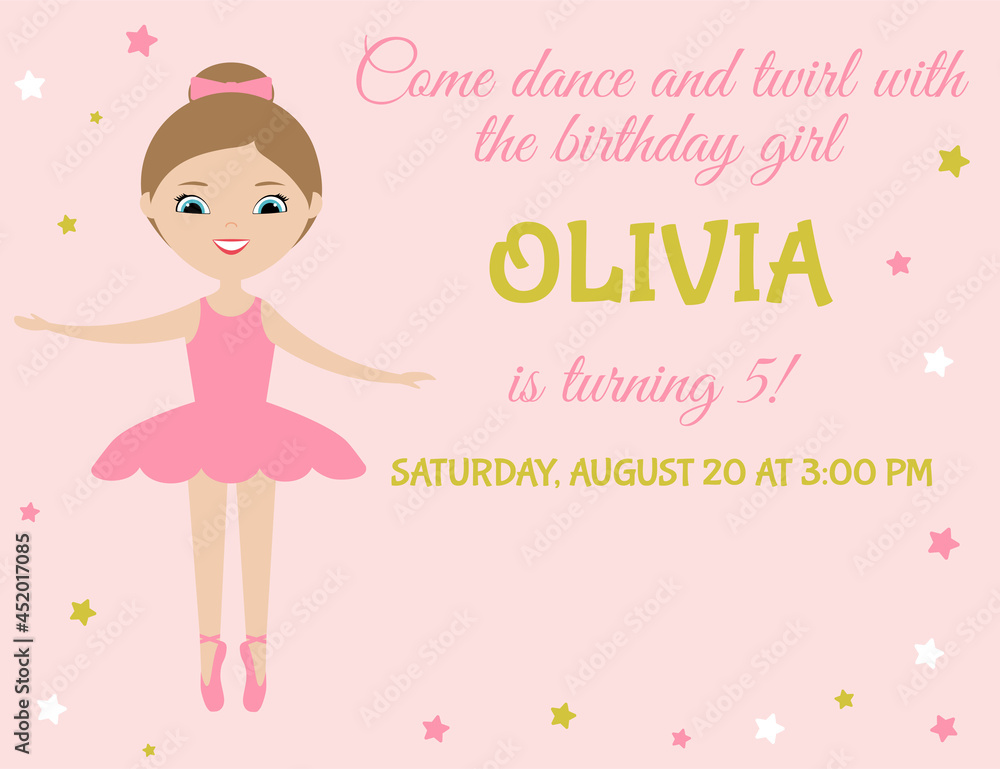 Birthday party invitation. Little girl ballerina in pink tutu dress on pink background. Cute cartoon character. Birthday party invitation. Little girl ballerina in pink tutu dress on pink background. Cute cartoon character.