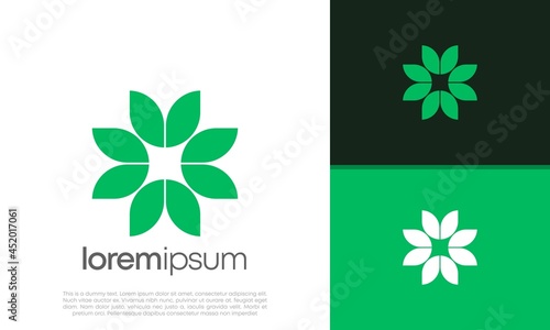 Abstract round garden plant natural line symbol. Green branch with leaves business sign.