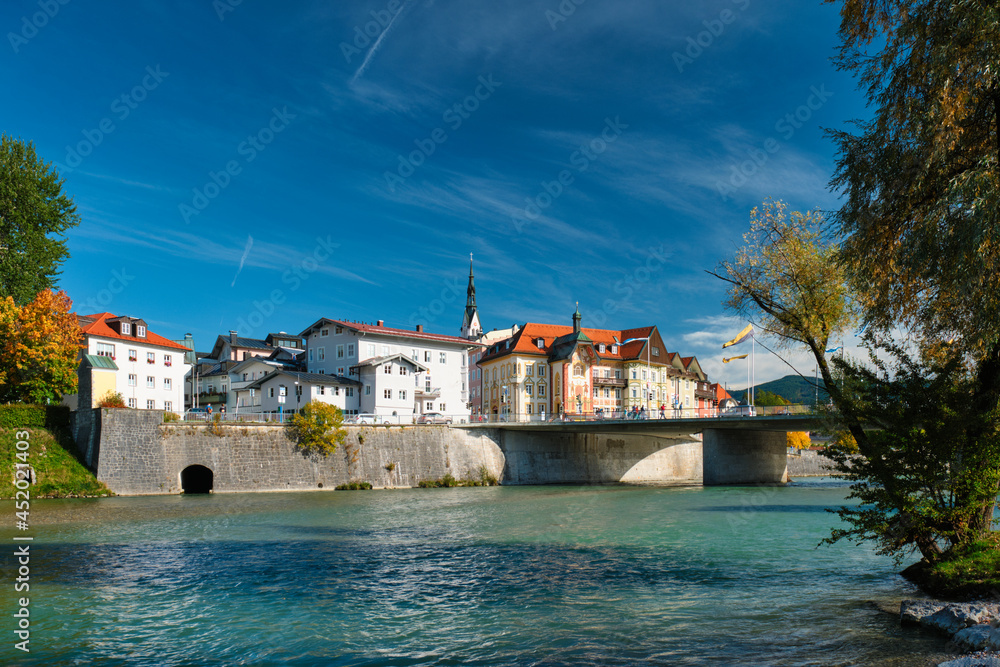 Bad Tolz - picturesque resort town in Bavaria, Germany in autumn and Isar river