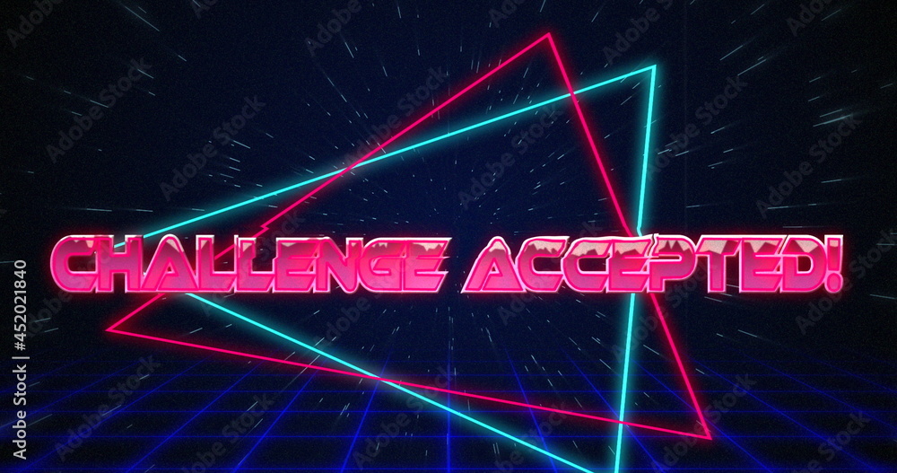 Obraz premium Retro Challenge accepted text glitching over blue and red triangles on white hyperspace effect