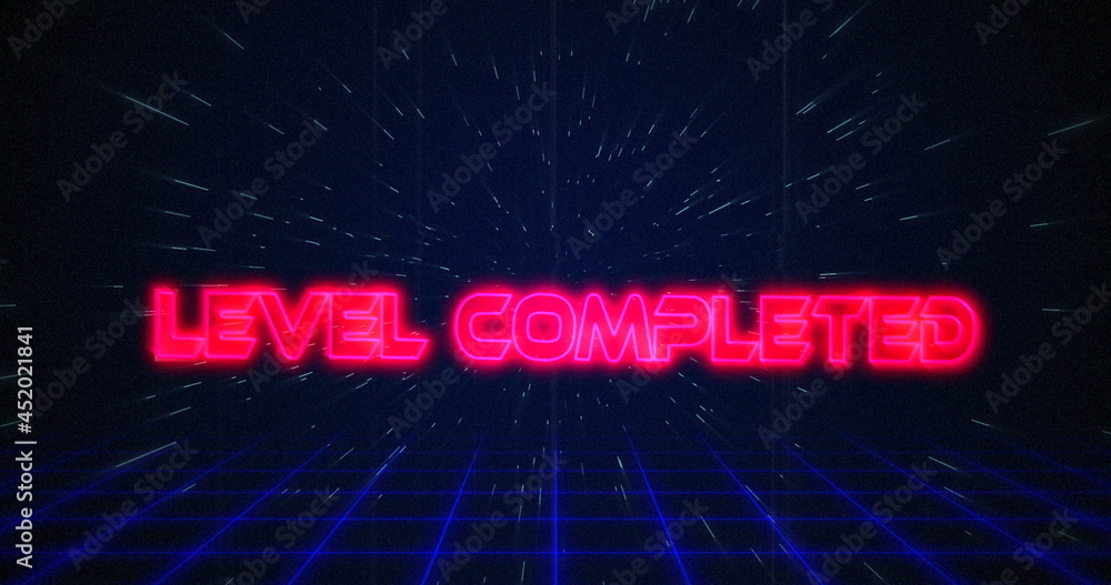 Retro Level Completed text glitching over blue and red lines on white hyperspace effect Retro Level Completed text glitching over blue and red lines on white hyperspace effect