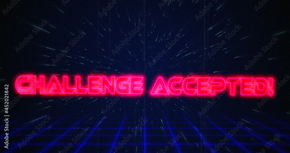Retro Challenge accepted text glitching over blue and red triangles on white hyperspace effect Retro Challenge accepted text glitching over blue and red triangles on white hyperspace effect