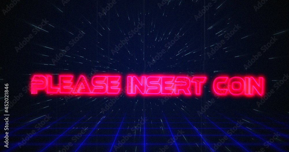 Retro Please Insert Coin text glitching over blue and red squares on white hyperspace effect Retro Please Insert Coin text glitching over blue and red squares on white hyperspace effect