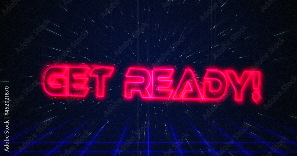 Obraz premium Retro Get Ready text glitching over blue and red triangles on white hyperspace effect