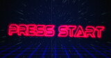 Retro Press Start text glitching over blue and red squares on white hyperspace effect