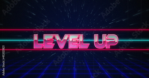 Retro Level Up text glitching over blue and red lines 4k