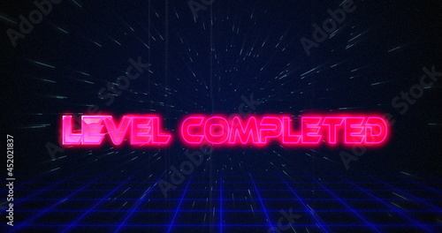 Retro Level Completed text glitching over blue and red squares on white hyperspace effect