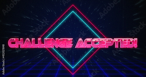 Retro Challenge accepted text glitching over blue and red squares on white hyperspace effect