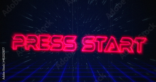 Retro Press Start text glitching over blue and red squares on white hyperspace effect