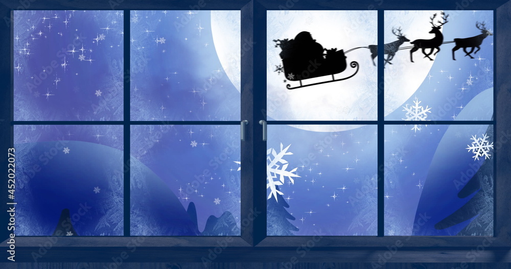 Obraz premium Image of black silhouette on santa claus in sleigh being pulled by reindeer with winter scenery