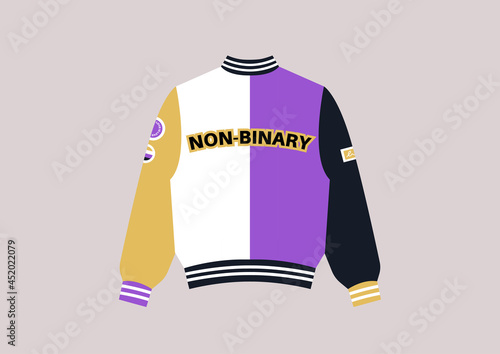 A colorful bomber with a Non-binary sign on the back, a transgender pride outfit