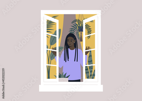 A young female Black character opening the window, morning rituals, daily lifestyle, house plants