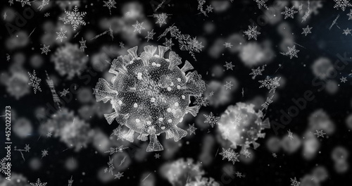 Image of covid 19 cells with winter scenery and snow falling on black background © vectorfusionart