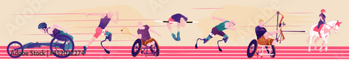 Cartoon illustration with faceless disabled people on abstract with cubes background. Disable Handicap Sport Paralympic Games