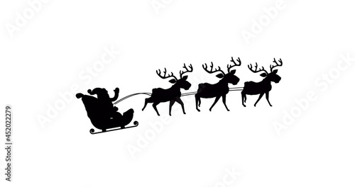 Image of black silhouette of santa claus in sleigh being pulled by reindeer on white background