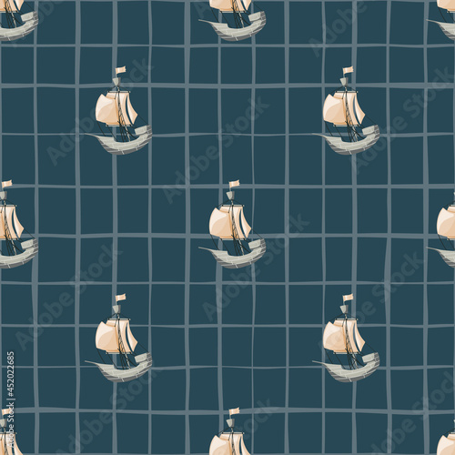 Marine seamless pattern with simple beige sailboat ship elements. Navy blue background with check.